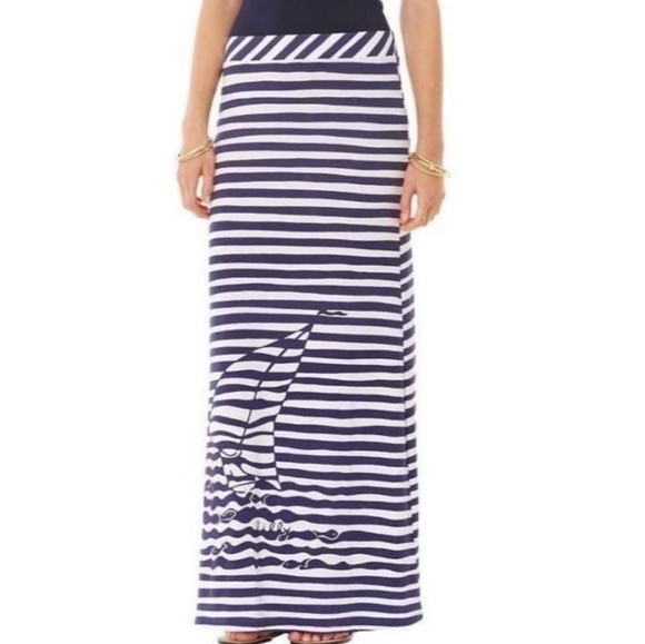 Lilly Pulitzer Marnie Maxi Skirt Navy Shite Stripe Sailboat‎ size Small - Picture 1 of 7